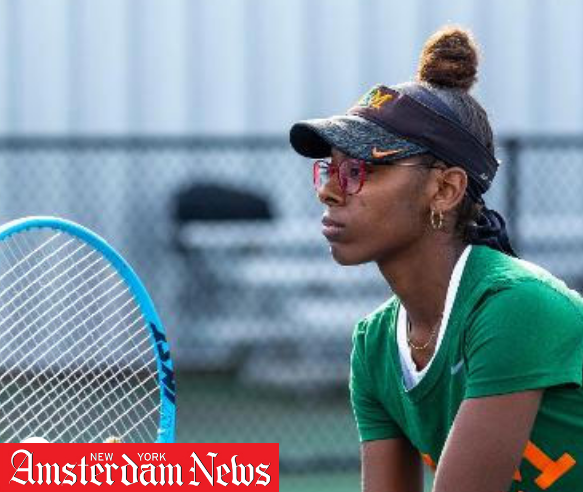 Rachel Harden playing tennis with Amsterdam News label